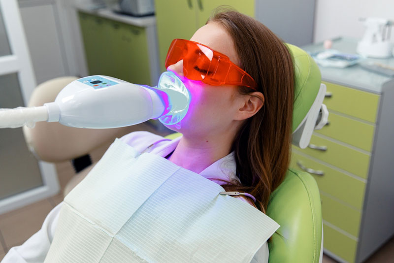 Woman undergoing a teeth whitening procedure with a blue LED light device while wearing protective red glasses.