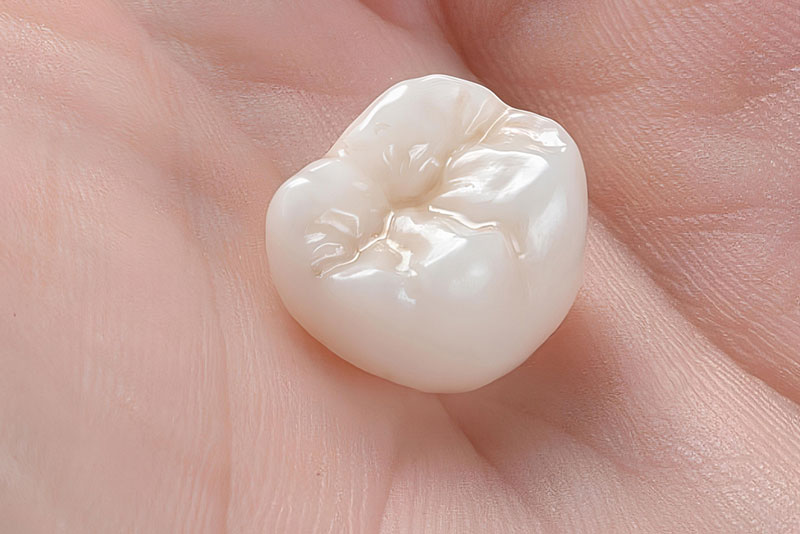 Close-up of a ceramic dental crown held in hand, showcasing its natural tooth-like appearance—used for strong, aesthetic tooth restoration.